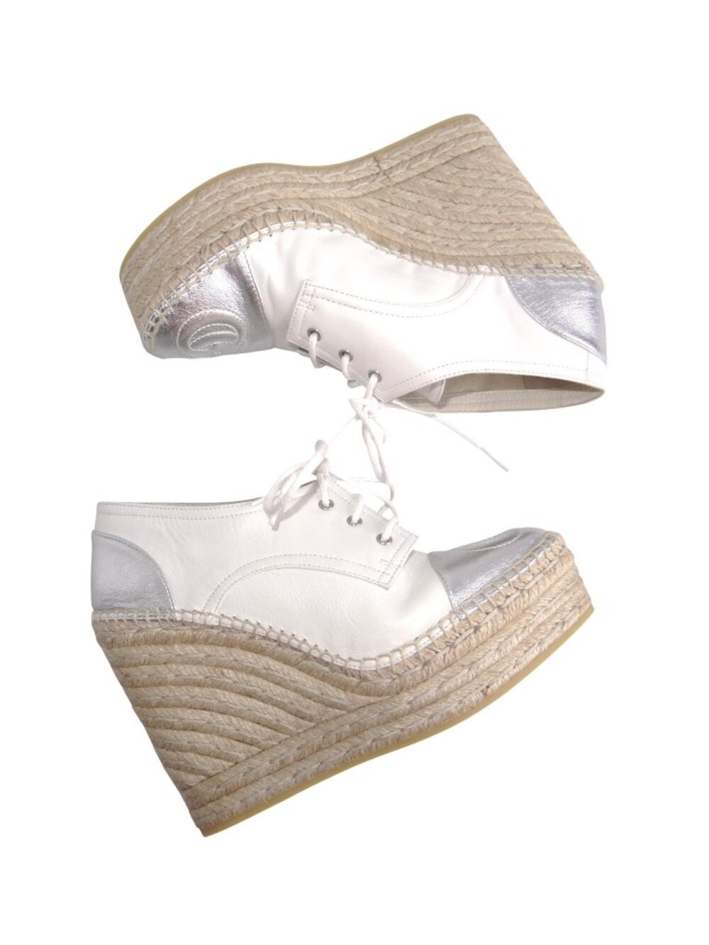 Gucci Pilar White Leather Silver Metallic GG Espadrille Wedge Pumps 37.5